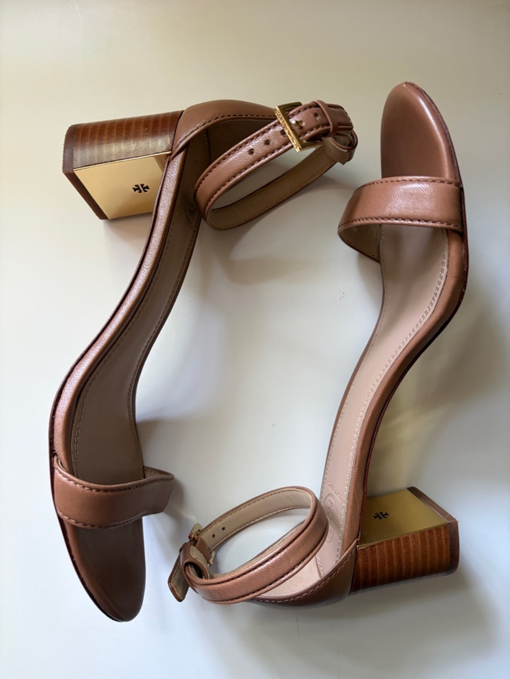 Tory Burch Tan Leather Ankle-Strap Block Heel Sandals